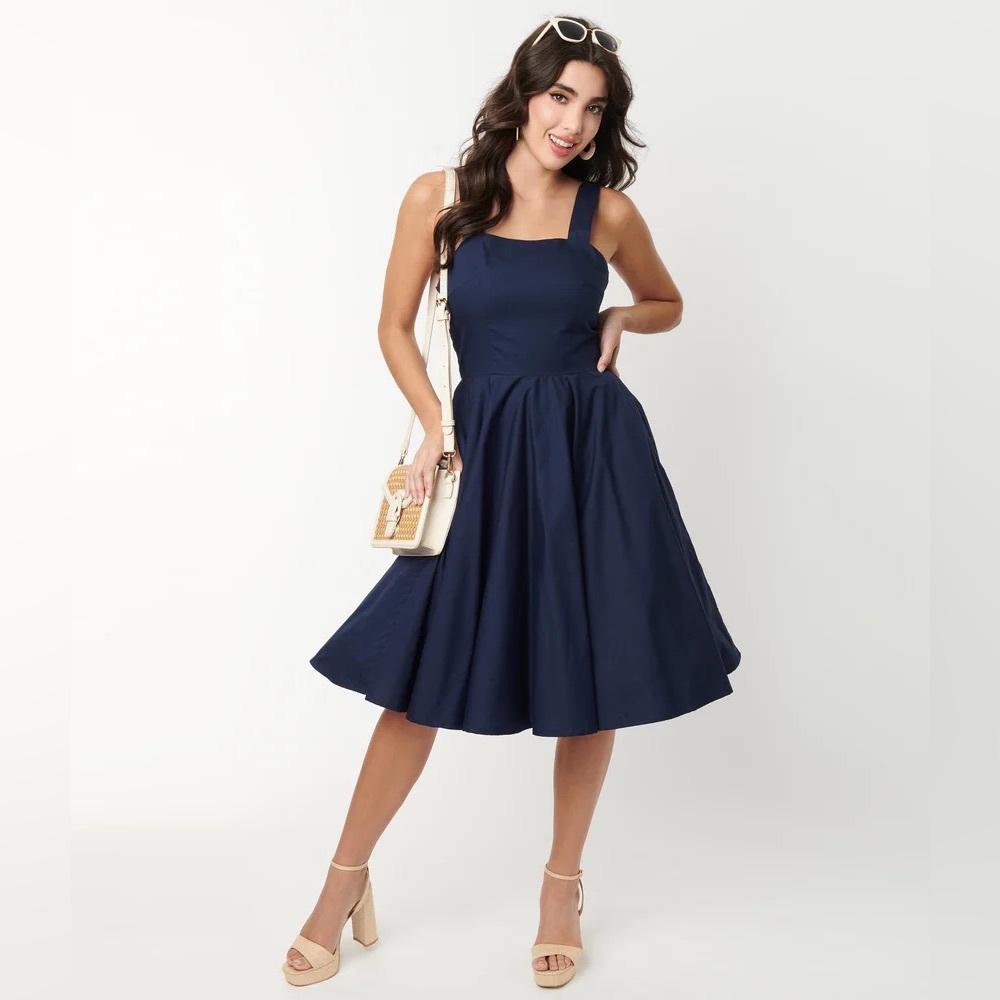 Blue Fit and Flare Midi Dress with Square Neckline